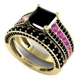 5.15 Carat (ctw) 10K Yellow Gold Princess & Round Cut Black & Pink Cubic Zirconia Ladies Bridal Engagement Ring With Matching Band Set