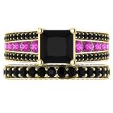 5.15 Carat (ctw) 10K Yellow Gold Princess & Round Cut Black & Pink Cubic Zirconia Ladies Bridal Engagement Ring With Matching Band Set