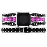 5.15 Carat (ctw) 18K White Gold Princess & Round Cut Black & Pink Cubic Zirconia Ladies Bridal Engagement Ring With Matching Band Set