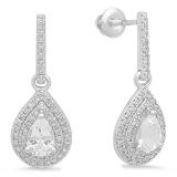 1.45 Carat (ctw) 10K White Gold Pear Cut White Sapphire & Round White Diamond Ladies Dangling Drop Earrings 1 1/2 CT