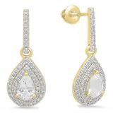 1.45 Carat (ctw) 18K Yellow Gold Pear Cut White Sapphire & Round White Diamond Ladies Dangling Drop Earrings 1 1/2 CT