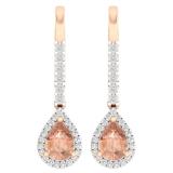 1.70 Carat (ctw) 18K Rose Gold Pear Cut Morganite & Round Cut White Diamond Ladies Dangling Drop Earrings