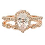 1.70 Carat (ctw) 14K Rose Gold Pear Cut Morganite & Round Cut White Diamond Ladies Bridal Halo Engagement Ring With Matching Band Set