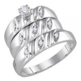 0.15 Carat (ctw) Sterling Silver Round Cut Diamond Men's & Women's Engagement Ring Trio Bridal Fashion Wedding Band Set