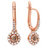 0.42 Carat (ctw) 10K Rose Gold Round Champagne Diamond & White Diamond Ladies Halo Style Dangling Drop Earrings