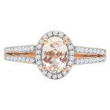 0.85 Carat (ctw) 10K Rose Gold Oval Cut Morganite & Round Cut White Diamond Ladies Split Shank Bridal Halo Engagement Ring