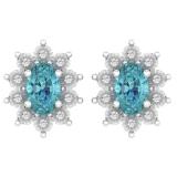1.15 Carat (ctw) 10K White Gold Oval Cut Blue Topaz & Round Cut White Diamond Ladies Flower Shape Cluster Fashion Stud Earrings