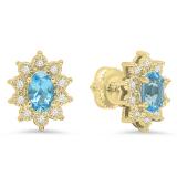 1.15 Carat (ctw) 10K Yellow Gold Oval Cut Blue Topaz & Round Cut White Diamond Ladies Flower Shape Cluster Fashion Stud Earrings
