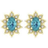 1.15 Carat (ctw) 10K Yellow Gold Oval Cut Blue Topaz & Round Cut White Diamond Ladies Flower Shape Cluster Fashion Stud Earrings