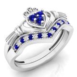 0.25 Carat (ctw) 10K White Gold Round Cut White Diamond & Blue Sapphire Ladies Bridal Irish Love & Friendship Heart Shape Engagement Ring Set 1/4 CT