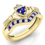 0.25 Carat (ctw) 10K Yellow Gold Round Cut White Diamond & Blue Sapphire Ladies Bridal Irish Love & Friendship Heart Shape Engagement Ring Set 1/4 CT
