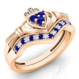 0.25 Carat (ctw) 18K Rose Gold Round Cut White Diamond & Blue Sapphire Ladies Bridal Irish Love & Friendship Heart Shape Engagement Ring Set 1/4 CT