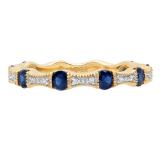 1.20 Carat (ctw) 10K Yellow Gold Round Blue Sapphire & White Diamond Ladies Vintage Style Anniversary Wedding Eternity Band Stackable Ring 1 1/4 CT
