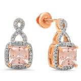 1.40 Carat (ctw) 18K Rose Gold Princess Cut Morganite & Round Cut White Diamond Ladies Infinity Swirl Dangling Drop Earrings