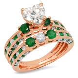 3.80 Carat (ctw) 10K Rose Gold Heart Cut Cubic Zirconia CZ Round Cut Emerald & White Diamond Ladies Bridal Engagement Ring With Matching Wedding Band Set