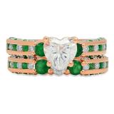 3.80 Carat (ctw) 10K Rose Gold Heart Cut Cubic Zirconia CZ Round Cut Emerald & White Diamond Ladies Bridal Engagement Ring With Matching Wedding Band Set