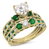 3.80 Carat (ctw) 10K Yellow Gold Heart Cut Cubic Zirconia CZ Round Cut Emerald & White Diamond Ladies Bridal Engagement Ring With Matching Wedding Band Set