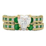 3.80 Carat (ctw) 18K Yellow Gold Heart Cut Cubic Zirconia CZ Round Cut Emerald & White Diamond Ladies Bridal Engagement Ring With Matching Wedding Band Set
