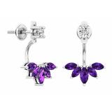 Sterling Silver Marquise Amethyst & Round White Diamond Ladies Stud Earrings Jackets Set