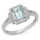 1.40 Carat (ctw) Sterling Silver Emerald Aquamarine & Round White Diamond Ladies Halo Style Bridal Engagement Ring