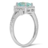 1.40 Carat (ctw) Sterling Silver Emerald Aquamarine & Round White Diamond Ladies Halo Style Bridal Engagement Ring