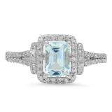 1.40 Carat (ctw) Sterling Silver Emerald Aquamarine & Round White Diamond Ladies Halo Style Bridal Engagement Ring