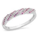 0.20 Carat (ctw) 10K White Gold Round Cut Pink Sapphire Ladies Swirl Anniversary Wedding Stackable Band 1/5 CT