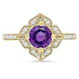1.10 Carat (ctw) 18K Yellow Gold Round Amethyst And White Diamond Ladies Halo Style Vintage Bridal Engagement Ring 1 CT