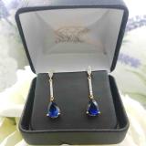 4.95 Carat (ctw) 10K Yellow Gold Pear Lab Created Blue Sapphire & Round White Diamond Ladies Dangling Drop Earrings