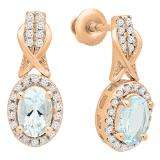 1.05 Carat (ctw) 10K Rose Gold Oval Cut Aquamarine & Round White Diamond Ladies Halo Style Dangling Drop Earrings 1 CT
