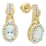 1.05 Carat (ctw) 10K Yellow Gold Oval Cut Aquamarine & Round White Diamond Ladies Halo Style Dangling Drop Earrings 1 CT