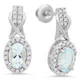 1.05 Carat (ctw) 14K White Gold Oval Cut Aquamarine & Round White Diamond Ladies Halo Style Dangling Drop Earrings 1 CT