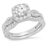 1.30 Carat (ctw) 14K White Gold Round Cut White Diamond Ladies Swirl Bridal Split Shank Halo Engagement Ring With Matching Band Set