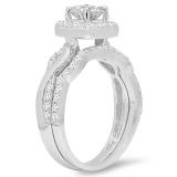 1.30 Carat (ctw) 14K White Gold Round Cut White Diamond Ladies Swirl Bridal Split Shank Halo Engagement Ring With Matching Band Set