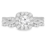 1.30 Carat (ctw) 14K White Gold Round Cut White Diamond Ladies Swirl Bridal Split Shank Halo Engagement Ring With Matching Band Set