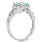1.60 Carat (ctw) 14K White Gold Cushion Aquamarine & Round White Diamond Ladies Split Shank Halo Style Bridal Engagement Ring