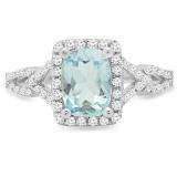 1.60 Carat (ctw) 14K White Gold Cushion Aquamarine & Round White Diamond Ladies Split Shank Halo Style Bridal Engagement Ring