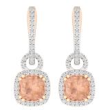 1.75 Carat (ctw) 14K Rose Gold Cushion Cut Morganite & Round Cut White Diamond Ladies Dangling Drop Earrings