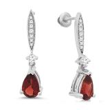 2.30 Carat (ctw) 10K White Gold Pear Cut Garnet & Round Cut White Diamond Ladies Dangling Drop Earrings