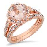 2.10 Carat (ctw) 14K Rose Gold Cushion Cut Morganite & Round Cut White Diamond Ladies Bridal Vintage Style Engagement Ring With Matching Band Set