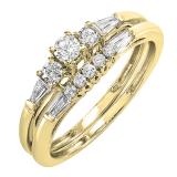 0.38 Carat (ctw) 18K Yellow Gold Round & Baguette Cut Diamond Ladies Bridal Engagement Ring Set