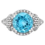 Sterling Silver 10 mm Round Blue Topaz & White Diamond Ladies Halo Style Bridal Engagement Ring