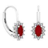 0.60 Carat (ctw) 18K White Gold Oval Cut Ruby & Round Cut White Diamond Ladies Flower Shape Cluster Fashion Dangling Drop Earrings
