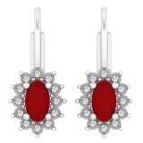 0.60 Carat (ctw) 18K White Gold Oval Cut Ruby & Round Cut White Diamond Ladies Flower Shape Cluster Fashion Dangling Drop Earrings