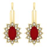 0.60 Carat (ctw) 18K Yellow Gold Oval Cut Ruby & Round Cut White Diamond Ladies Flower Shape Cluster Fashion Dangling Drop Earrings