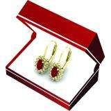 0.60 Carat (ctw) 18K Yellow Gold Oval Cut Ruby & Round Cut White Diamond Ladies Flower Shape Cluster Fashion Dangling Drop Earrings