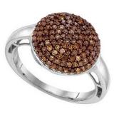 0.70 Carat (ctw) 14K White Gold Round Red Diamond Ladies Micropave Cluster Fashion Right Hand Ring 3/4 CT