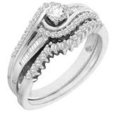 0.40 Carat (ctw) 10K White Gold Round & Baguette Cut White Diamond Ladies Swirl Engagement Ring With Matching Band Set