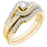 0.40 Carat (ctw) 10K Yellow Gold Round & Baguette Cut White Diamond Ladies Swirl Engagement Ring With Matching Band Set