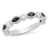 1.05 Carat (ctw) 14K White Gold Marquise Blue Sapphire And Round White Diamond Ladies Vintage Style Anniversary Wedding Band 1 CT